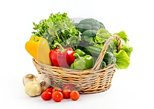 Generative AI Different fresh vegetables for eating healthy. Fresh vegetables in basket isolated on white backgrou