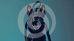 Generative AI Dog sitting concept with happy active dog holding pet leash in mouth ready to go for walk business c