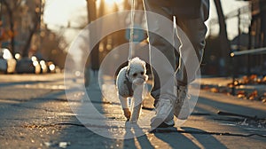 Generative AI Dog walker strides with his pet on leash while walking at street pavement business concept.