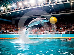 Generative AI. Dolphin in the dolphinarium with spectators photo