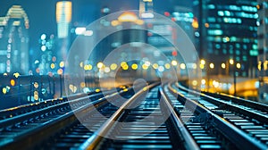 Generative AI Double exposure train track with blurred light city office building night view abstract background b