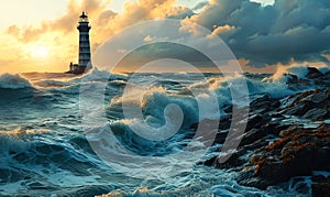 Dramatic scene of a lighthouse standing resilient against tumultuous sea waves under a stormy sky at sunset, symbolizing guidance