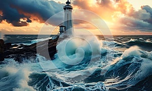 Dramatic scene of a lighthouse standing resilient against tumultuous sea waves under a stormy sky at sunset, symbolizing guidance