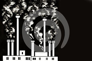 A generative AI drawing of a factory silhouette with pollution coming from it\'s smoke stacks with room for copy space