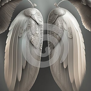 Generative AI: Dream like, realistic angel wings background with a white wing of a bird