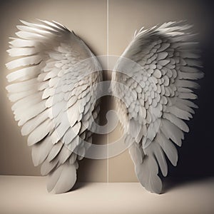 Generative AI: Dream like, realistic angel wings background with a white wing of a bird