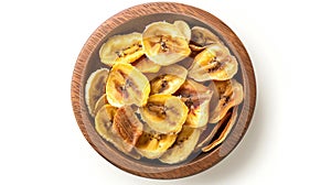 Generative AI Dried banana chips in wooden bowl isolated on white background with full depth of field Top view Fla