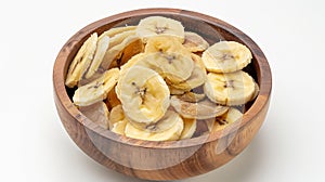 Generative AI Dried banana chips in wooden bowl isolated on white background with full depth of field Top view Fla