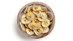 Generative AI Dried banana chips in wooden bowl isolated on white background with full depth of field Top view Fla