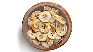 Generative AI Dried banana chips in wooden bowl isolated on white background with full depth of field Top view Fla