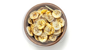 Generative AI Dried banana chips in wooden bowl isolated on white background with full depth of field Top view Fla