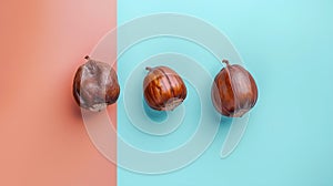 Generative AI Dried horse chestnuts on pastel background Autumn nature flat lay concept business concept.