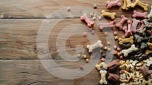 Generative AI Dry dog food and treats chew bones on wooden floor flat lay business concept.