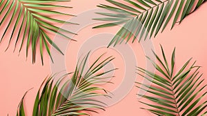 Generative AI Dry tropical exotic palm leaves on pale pastel peachy background Flat lay top view minimalist floral