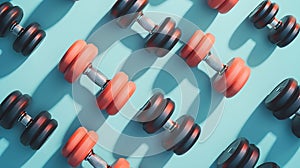 Generative AI Dumbbells Sport fitness and healthy lifestyle background Top view flat lay with copy space business