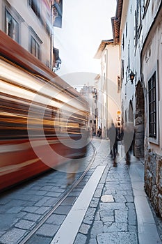 Generative AI Dynamic Urban Scene with Moving Tram Capturing Energy of City Life business concept. photo