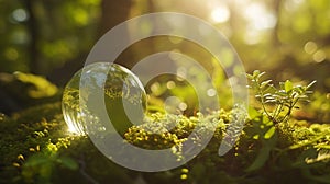 Generative AI Earth Day - Environment - Green Globe In Forest With Moss And Defocused Abstract Sunlight business c