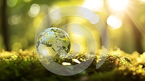 Generative AI Earth Day - Environment - Green Globe In Forest With Moss And Defocused Abstract Sunlight business c