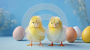 Generative AI Easter concept. Two charming little yellow chickens among Easter eggs and flowers. A greeting card. Blue