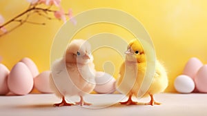 Generative AI Easter concept. Two charming little yellow chickens among Easter eggs and flowers. A greeting card. Yellow