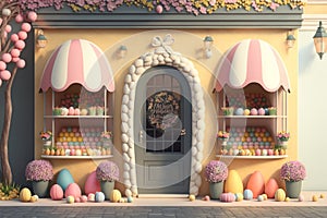 Generative AI of easter kiosk with decorated eggs and flowers