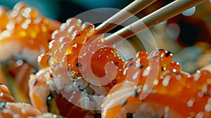 Generative AI Eating Sushi with chopsticks Sushi roll japanese food in restaurant California Sushi roll set with s