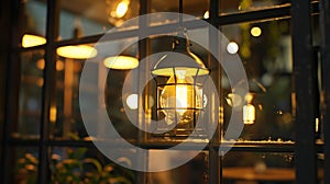 Generative AI Edison lamps shine a warm light in the restaurant room behind the glass the details of the cafe ligh