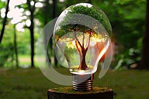 Generative AI. An electric light bulb on the green grass and a tree inside it. Earth Day. Sunlight in nature. energy