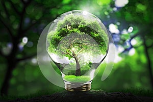 Generative AI. An electric light bulb and a tree inside it. On a green grass background. Earth Day. Sunlight in nature