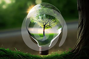 Generative AI. An electric light bulb and a tree inside it. On a green grass background. Earth Day. Sunlight in nature