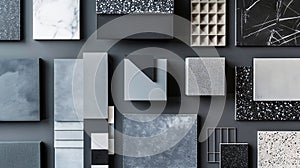 Generative AI Elegant  flat lay composition in grey and black color palette with textile and paint samples lamella photo