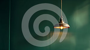 Generative AI Elegant retro lamp hanging against dark green wall Interior design and home staging business concept