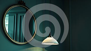 Generative AI Elegant retro lamp hanging next to a mirror on dark green wall Interior design and home staging busi