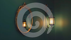 Generative AI Elegant retro lamp hanging next to a mirror on dark green wall Interior design and home staging busi