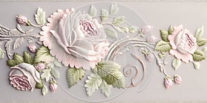 Generative AI, embroidered shabby chic baroque light pink roses pattern.