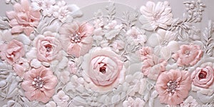 Generative AI, embroidered shabby chic baroque light pink roses pattern.