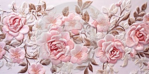 Generative AI, embroidered shabby chic baroque light pink roses pattern.