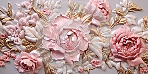 Generative AI, embroidered shabby chic baroque light pink roses pattern.