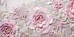 Generative AI, embroidered shabby chic baroque light pink roses pattern.