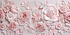 Generative AI, embroidered shabby chic baroque light pink roses pattern.