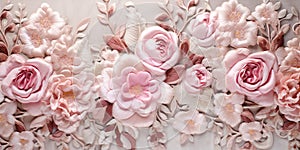 Generative AI, embroidered shabby chic baroque light pink roses pattern.