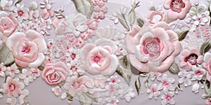 Generative AI, embroidered shabby chic baroque light pink roses pattern.