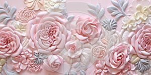 Generative AI, embroidered shabby chic baroque light pink roses pattern.