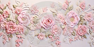 Generative AI, embroidered shabby chic baroque light pink roses pattern.