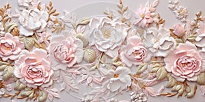 Generative AI, embroidered shabby chic baroque light pink roses pattern.