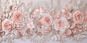 Generative AI, embroidered shabby chic baroque light pink roses pattern.