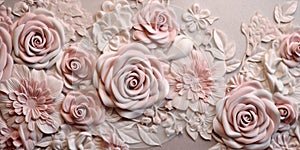 Generative AI, embroidered shabby chic baroque light pink roses pattern.