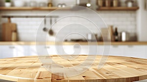 Generative AI Empty beautiful round wood tabletop counter on interior in clean and bright kitchen background, Read
