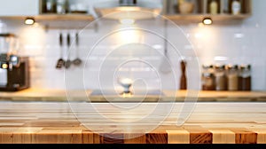 Generative AI Empty beautiful wood table  top counter  and blur bokeh modern kitchen interior background in clean