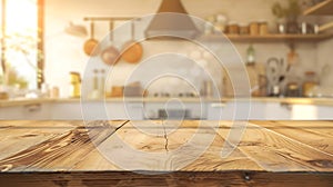 Generative AI Empty beautiful wood table  top counter  and blur bokeh modern kitchen interior background in clean
